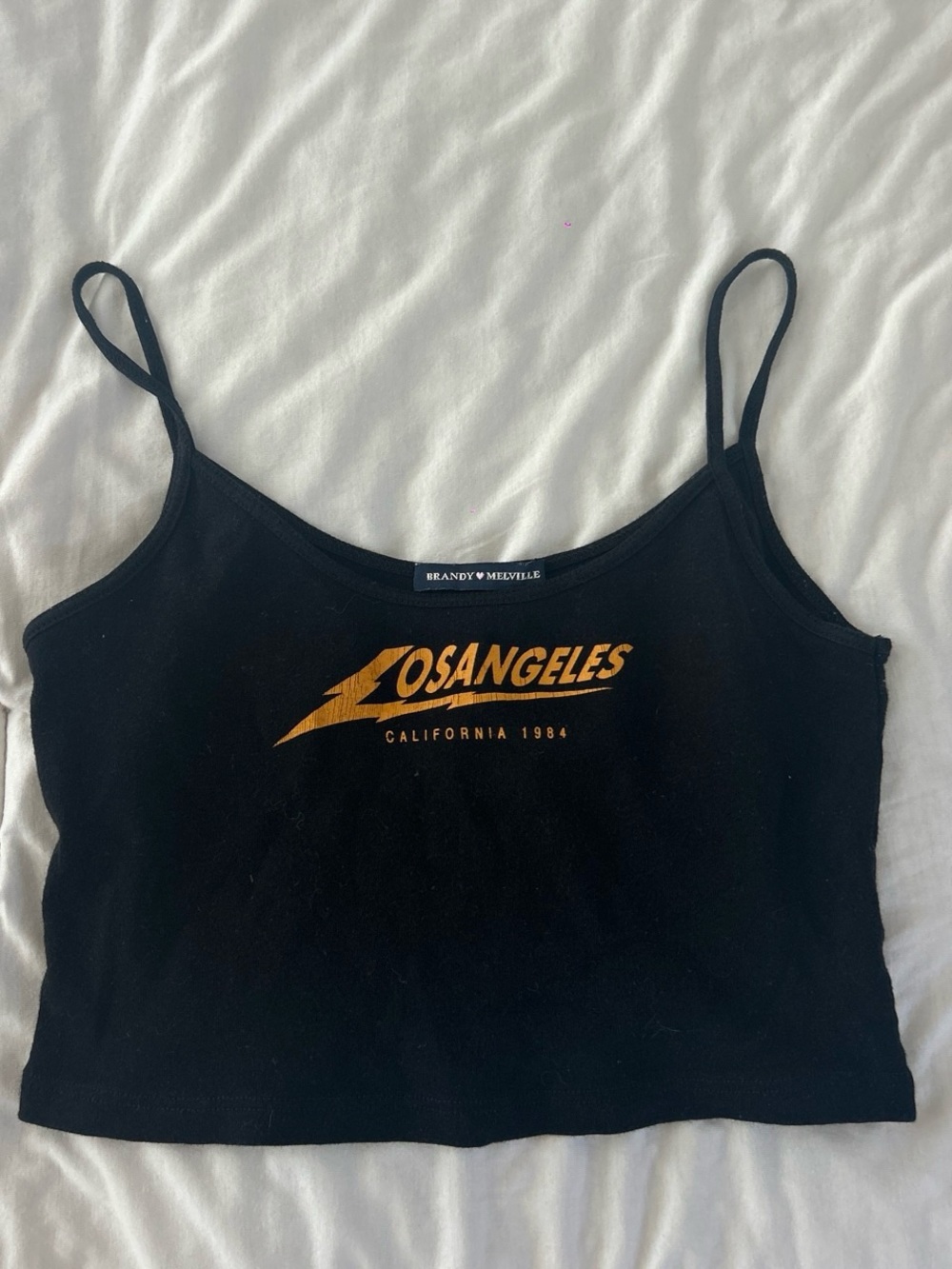Brandy Melville Black Cropped Cami with Orange 'Los Angeles' Logo